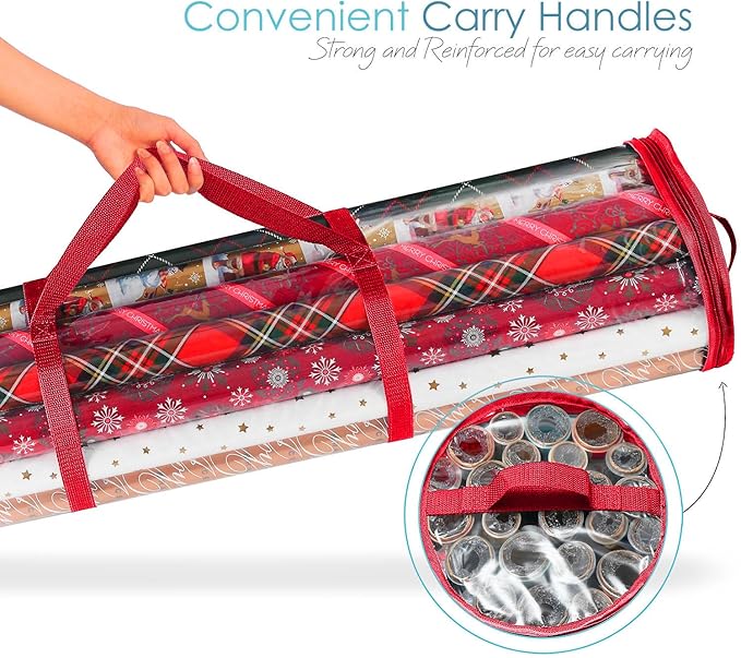 Hearth & Harbor Wrapping Paper Storage Container and Clear Wrap Paper Holder - Christmas Storage Bag with Interior Pockets - Fits Up to 36 Rolls of 40" - Tear Proof, Red-NeatNest