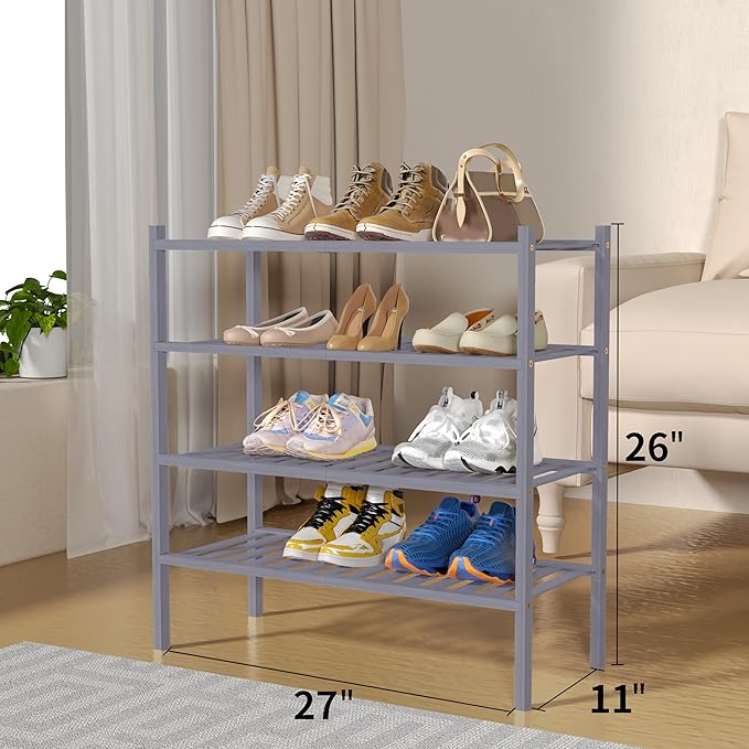 4 Tier Bamboo Shoe Rack for Closet Free Standing Wood Shoe Shelf for Entryway Small Space Stackable 27"x11"x26" (Grey)-NeatNest