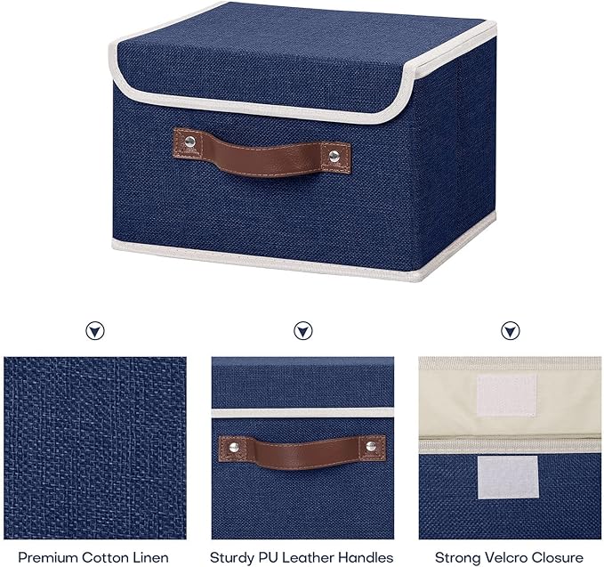 ANMINY 2PCS Storage Bins with Lid PU Leather Handles Storage Boxes PP Plastic Board Decorative Foldable Lidded Cotton Linen Fabric Home Cubes Baskets Closet Organizer Containers - Blue, Small Size-NeatNest