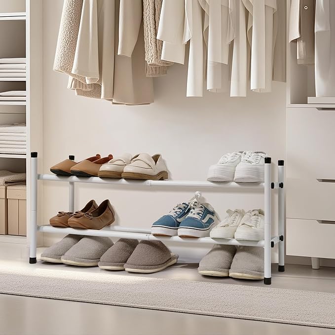 STORAGE MANIAC Expandable Shoe Rack, 4 Pairs Stackable Small Shoe Rack, Metal Adjustable Shoes Organizer for Closet, Entryway, Hallway, Garage, Front Door, Shoes Shelves, White 1 Tier-NeatNest