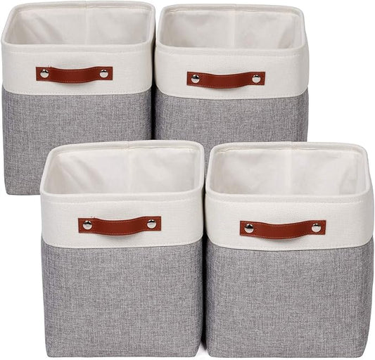 Univivi 10.5 Inch Fabric Cube Bins with Hard Bottom, 4 Pack Storage Baskets with PU Handles for Shelves Closet Foldable Storage Bins for Organizing (Gray,10.5" x 10.5" x 11")-NeatNest