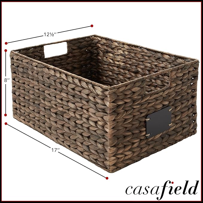Casafield Set of 2 Water Hyacinth Pantry Baskets, 12-1/2" x 17" x 8", with Chalkboard Labels and Chalk Marker - Espresso, Woven Storage Bin Organizers for Kitchen Shelves-NeatNest