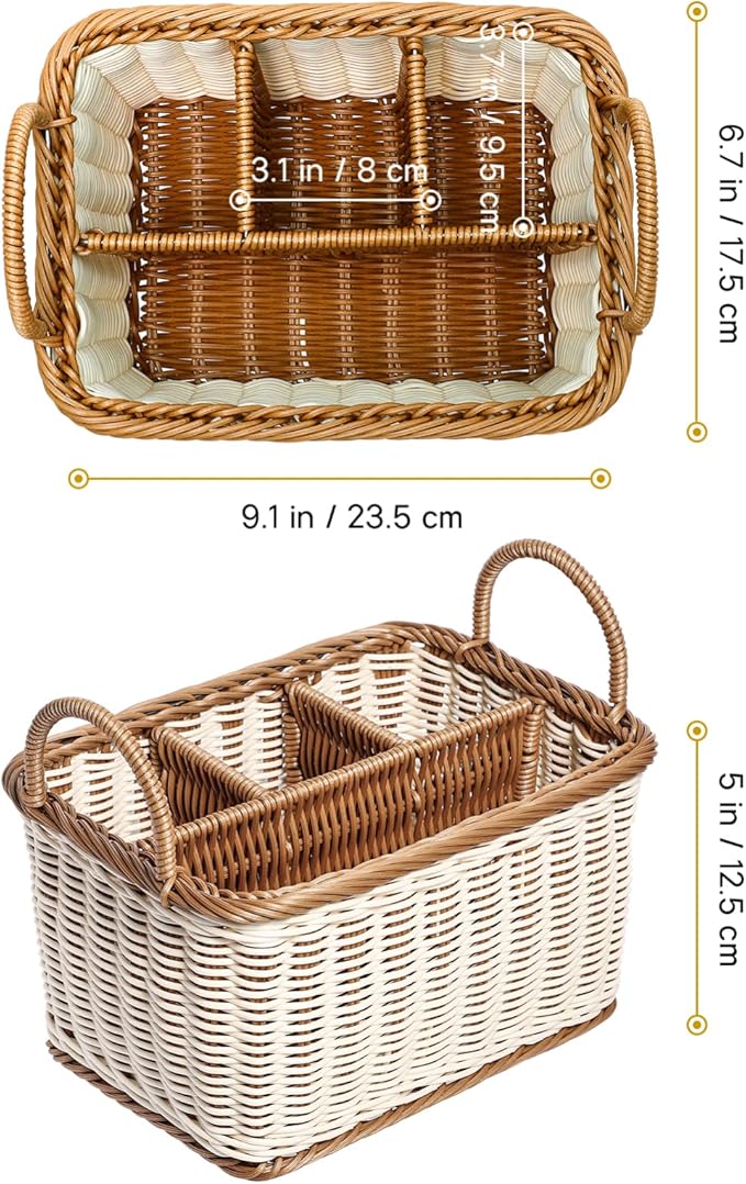 Cabilock Wicker Flatware Organizer, Cutlery Holder for Countertop, Woven Cutlery Storage with Handles, 4 Compartments Utensil Tableware Basket-NeatNest