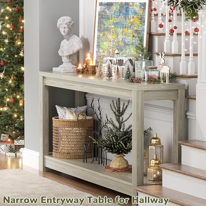 47" Farmhouse Wood Entryway Table Narrow Console Table with Storage Behind Couch Sofa Table with Shelves Entry Way Table with Open Storage, Easy Assembly, Classical Washed Oak-NeatNest