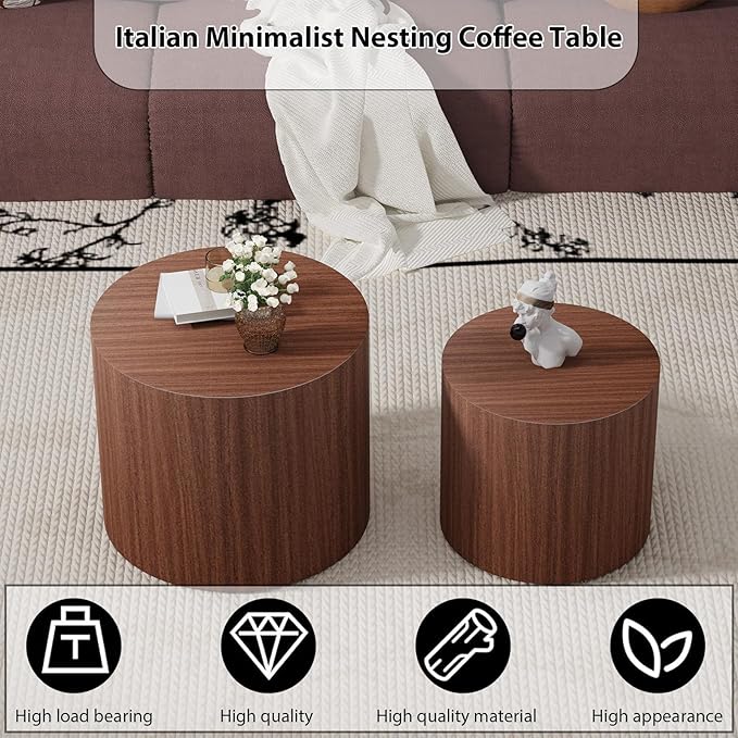 Round Nesting Coffee Table Set of 2 Circle Nested Coffee Tables Modern Walnut Coffee Table Set of 2 Wooden Drum End Side Tables for Living Room Bedroom Small Spaces (Walnut)