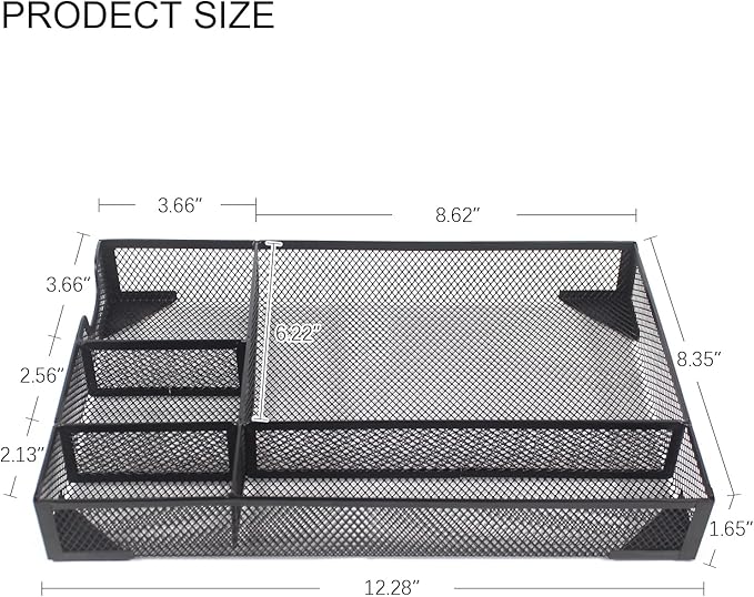 Desk Drawer Organizer Tray, 5 Compartments Metal Mesh Drawer Organizer Tray, Pen Pencil Desk Organizers and Accessories for Office Supplies, School & Makeup, 12.3 x 8.4 x1.7inch, Black-NeatNest