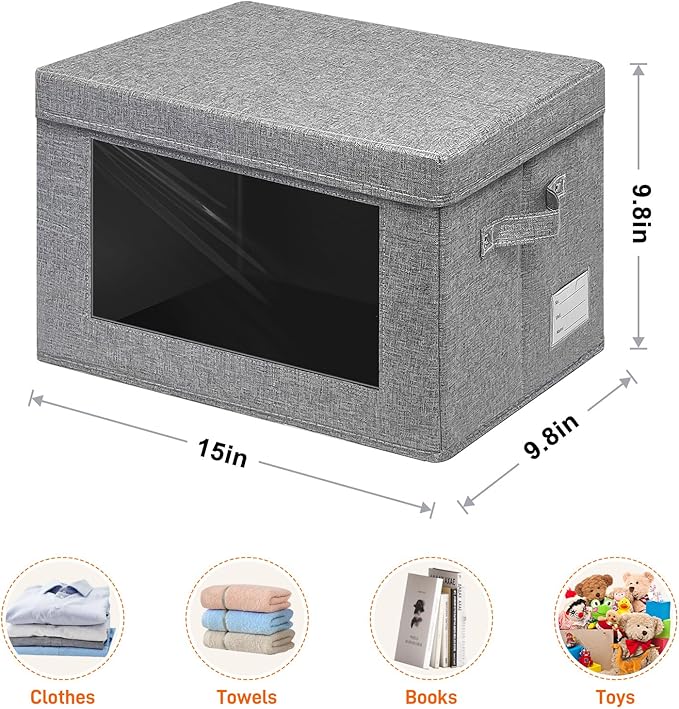 4-Pack Fabric Storage Bins with Lids, Foldable Storage Boxes with Handles & Clear Window, Closet Organizers for Clothes, Books (Grey, 4PCS/14.9 x 9.8 x 9.8 in)-NeatNest