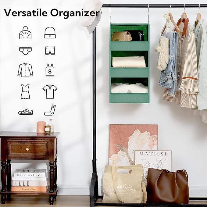 GRANNY SAYS 3-Shelf Closet Organizers and Storage, Foldable Hanging Closet Organizer, Hanging Closet Shelves with 2 Metal Hooks, Leak-Proof Closet Storage for Sweater, Clothes Organizer, Dark Green-NeatNest