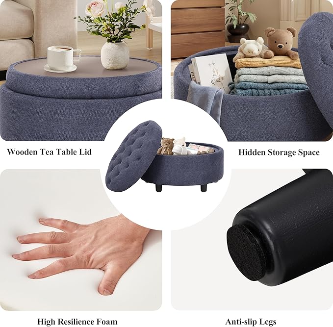 COLAMY Fabric Round Storage Ottoman with Reversible Tray Lid – Multi-Functional Footrest, Hidden Storage, Sturdy & Stylish Small Coffee Table for Living Room, Bedroom, or Entryway(Blue)-NeatNest