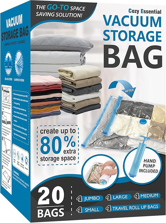 20 Pack Vacuum Storage Bags, Space Saver Bags (4 Jumbo/4 Large/4 Medium/4 Small/4 Roll) Compression for Comforters and Blankets, Sealer Clothes Storage, Hand Pump Included-NeatNest