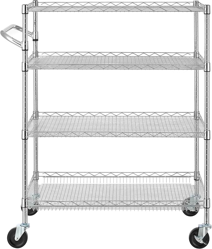 Finnhomy 4 Tier Heavy Duty Commercial Grade Rolling Cart with Handle Bar, Metal Wire Utility Cart with Wheels, Kitchen Service Trolley on Wheels, Shelf Size 18" D x 36" W, NSF, Chrome