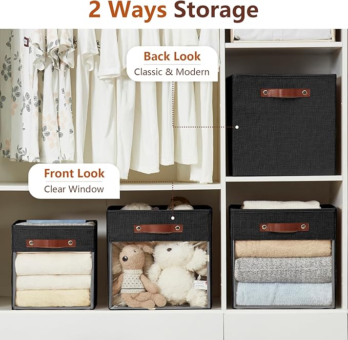 Storage Cube Organizer with Clear Window, Linen Collapsible Storage Boxes with PU Handles, Cube Storage Bins for Shelf, Closet, Cabinet, Bookcase (13x13x13, Black)-NeatNest