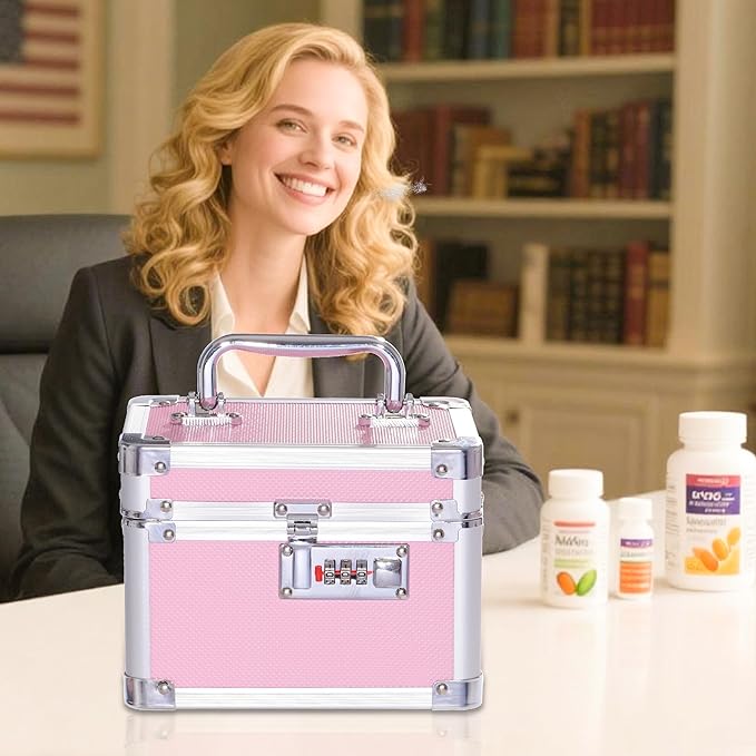 Small Medication Combination Lock Boxes with Code for Personal Items, Medicine Lockbox for Documents - 7.1 x 5.1 x 5.3 Inches Pink