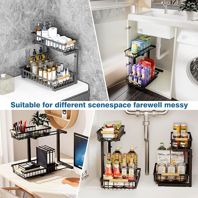 Under Sink Organizers, 2 Tier Pull Out Under Cabinet Organizer，Height Adjustable Pull Out Cabinet Drawers, Metal Sliding Drawer for Kitchen Bathroom Pantry Cabinet Closet Organization Rack，2 Packs-NeatNest