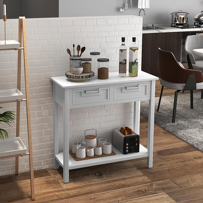 GOFLAME Small Console Table with 2 Drawers, 31” Entry Table with Storage Shelf, Modern, Narrow Sofa Table for Living Room, Hallway, Entrance (White)-NeatNest