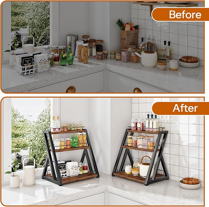 HOOBRO 3-Tier Kitchen Spice Rack, Kitchen Countertop Shelf, Desk Shelf Organizer, Dresser Top Storage Rack, for Office, Living Room, Bathroom, Rustic Brown and Black BF10TL01