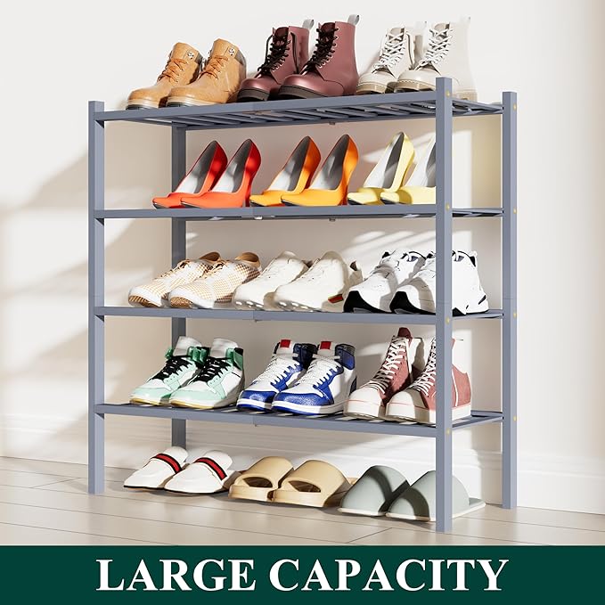 Smiry Shoe Rack, 4 Tier Bamboo Shoe Organizer, Stackable Free Standing Wooden Shoe Storage Shelf for Closet, Entryway, Front Door Entrance, Grey-NeatNest