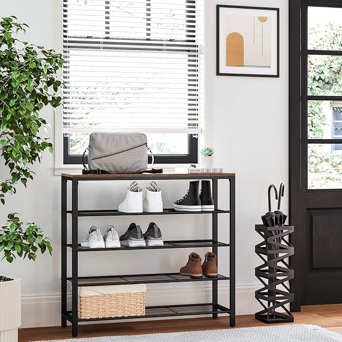 VASAGLE INDESTIC Shoe Rack, Shoe Organizer for Closet with 4 Mesh Shelves and Large Top for Bags, Entryway Hallway Shoe Shelf, Steel Frame, Industrial, Hazelnut Brown and Black ULBS015B03-NeatNest