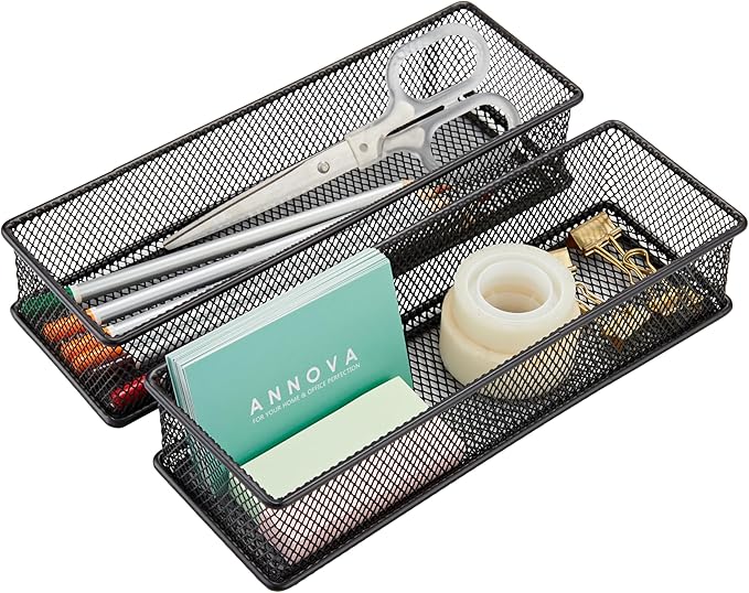 Annova Mesh Stackable Drawer Cabinet and Shelf Organizer Bins Storage Basket School Office Supply Holder Tray- Set of 2 (Black, 3x9x2 Inch)-NeatNest