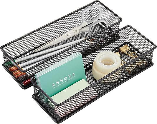 Annova Mesh Stackable Drawer Cabinet and Shelf Organizer Bins Storage Basket School Office Supply Holder Tray- Set of 2 (Black, 3x9x2 Inch)-NeatNest