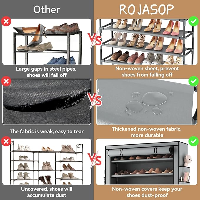 ROJASOP Shoe Rack with Covers, Stackable 10 Tier Tall Shoe Shelf Storage 50-55 Pairs Shoes and Boots Large Capacity Vertical Shoe Rack Organizer for Closet Entryway Garage Bedroom, Grey-NeatNest