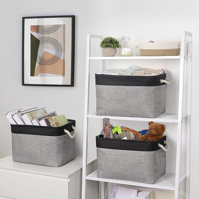 TheWarmHome Storage Basket for Organizing - 16x12x12 inch Cube Storage bin 3 Pack Fabric Storage Cubes, Collapsible Storage Box for Organizer Cloth Gift Toy Closet (Black & Grey)-NeatNest
