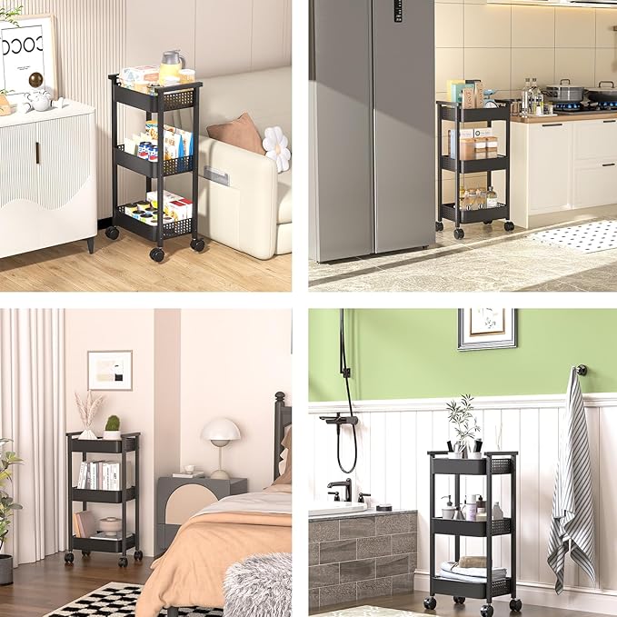 CHPHI 3 Tier Rolling Utility Cart Organizer, Stable and Sturdy Black Rolling Storage Carts with 2 Lockable Wheels,Perfect for Bathroom, Kitchen, Snack, Craft, Makeup, Baby Essentials
