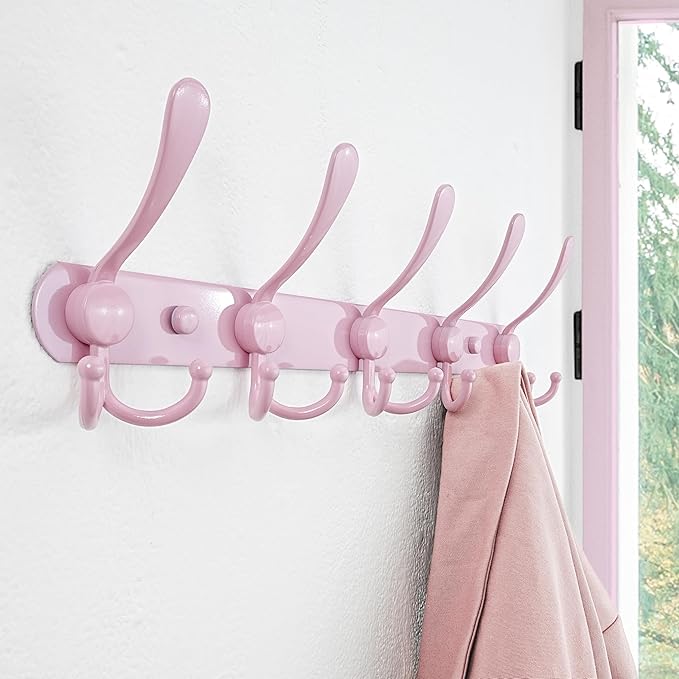 Dseap Coat Rack Wall Mounted - 5 Tri Hooks, Heavy Duty, Stainless Steel, Metal Coat Hook Rail for Coat Hat Towel Purse Robes Mudroom Bathroom Entryway (Pink, Pack of 2)-NeatNest