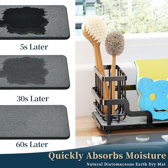 Consumest Sponge Holder for Kitchen Sink - Sink Caddy Organizer with Water Absorbing Stone Tray, Detachable Brush Holder, Stainless Steel Kitchen Counter Organizer Rack, Black-NeatNest