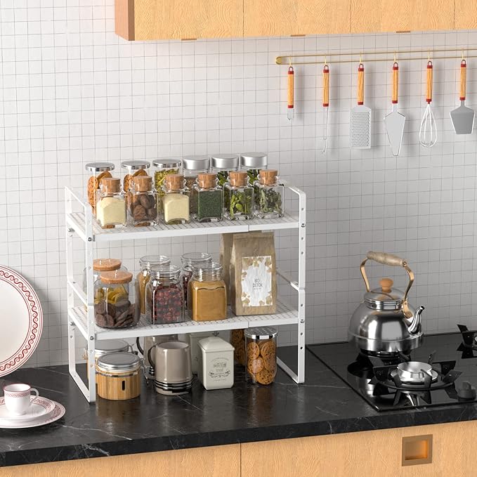 Expandable Kitchen Cabinet Shelf Organizer, Stackable Metal Pantry Storage Shelves, Adjustable Counter Shelf Organizer Rack for Kitchen Cabinets, Cupboard, Countertop, Closet, White-NeatNest