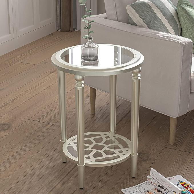 COSIEST Round Side Table, End Table Glass with Wood Frame, Champagne Gold Bedside Table with Modern Style for Living Room, Balcony, Bedroom-NeatNest