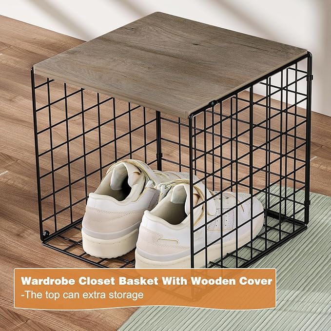 3PCS Stackable Closet Organizers and Storage, Shelves with Wood Top Extra Storage, Clothes Organizer Basket, Bin, or Tube for Wardrobe and Home Organization (Black-Sturdy Metal) Patent Pending-NeatNest