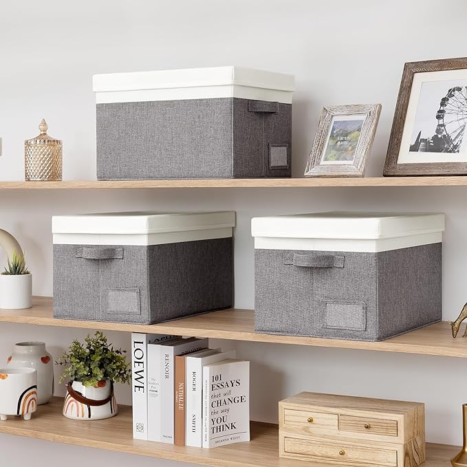 GRANNY SAYS Linen Storage Box, Collapsible Storage Bin with Lids and Label Holder, Clothes Organizer - 3-Pack, Gray & Ivory-NeatNest