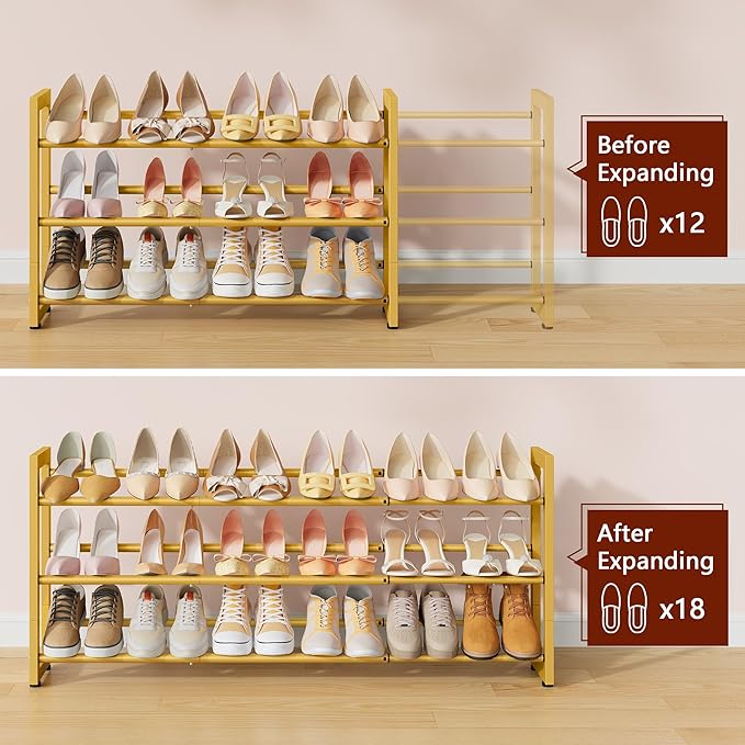 FAVOOSTY 3-Tier Expandable Shoe Rack, Adjustable Shoe Shelf Storage Organizer Space Saving Metal Free Standing Shoe Rack for Entryway Closet Doorway, Gold-NeatNest