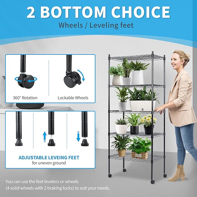HealSmart Heavy Duty 5-Tier Shelving Units Adjustable, 65 "D x 14" W x 30 "H Wire Shelf with 1000 lbs Capacity, Black