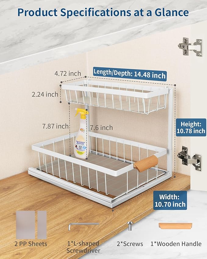 2 Pack Under Sink Organizer,Metal Pull Out Kitchen Cabinet Organizer with Sliding Drawer,Sturdy Multi-functional for Bathroom Organization,White-NeatNest