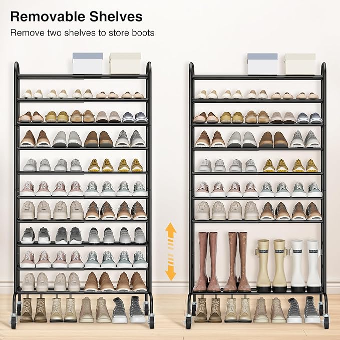 STO STO Expandable Shoe Rack, 10-Tier Metal Tall Shoe Rack for Garage, Up to 44 Pairs Adjustable Shoe Rack Storage for Front Door Entrance, Free Standing Shoe Rack Organizer for Entryway, Black-NeatNest