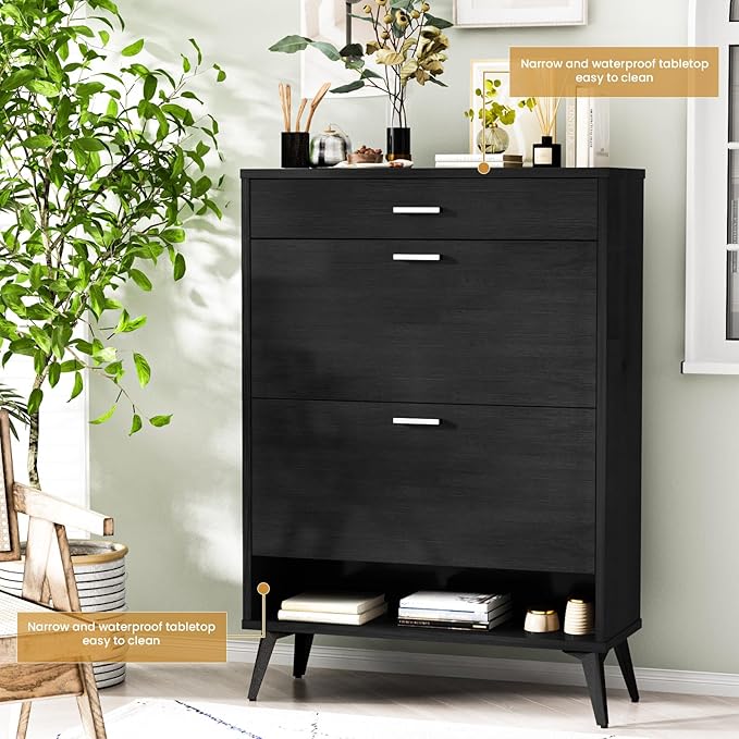 AWQM Shoe Storage Cabinet for Entryway, Free Standing Shoe Organizer with 2 Flip Drawers,Hidden Shoe Rack Storage Organizer for Doorway Hallway (Black)-NeatNest
