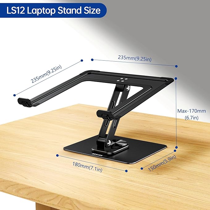 BESIGN LS12 Laptop Stand with 360° Rotating Base, Ergonomic Adjustable Notebook Holder, Riser Holder Computer Stand Compatible with Air, Pro, Dell, HP, Lenovo More 10-14" Laptops (Black)-NeatNest