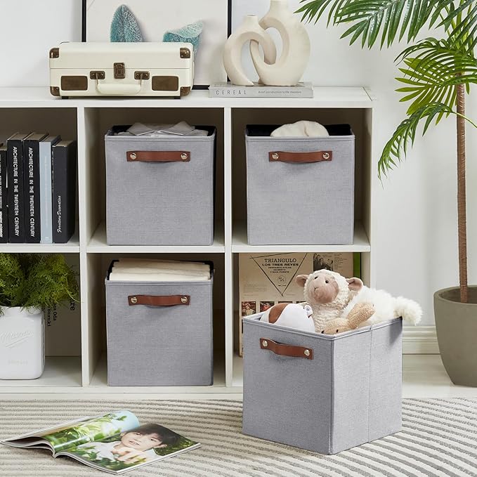 Collapsible Fabric Storage Cube Bins with 2 Reinforced PU Handles, Foldable Storage Organizer Baskets for Closet, Shelves, Living Room | 11"x11"x11", 4 Pack, Full Gray-NeatNest