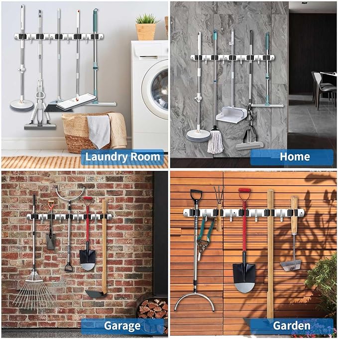 2 Pack Broom Holder Wall Mount, Stainless Steel Broom Hanger Wall Mount, Heavy Duty Mop and Broom Holder Tool Racks Utility Hooks for Laundry Room Garden Garage, Black (5 Racks and 4 Hooks)-NeatNest