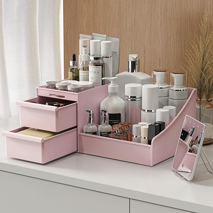 Makeup Organizer Countertop, Vanity Organizer with Drawers for Cosmetics, Skincare, Brushes, Perfume, Skincare Organizer for Vanity, Perfume Organizer for Dresser, Bathroom (Pink&2 Drawers)-NeatNest