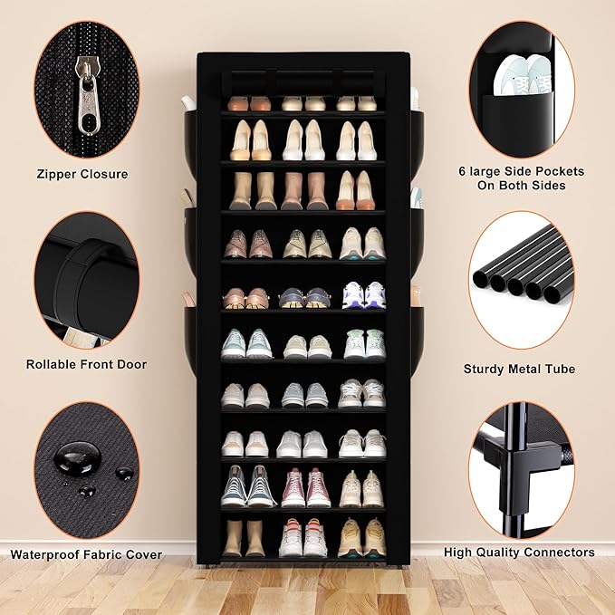 Large Shoe Rack, Black, 6 Side Pockets, 23.6" Wide x 11.4" Deep x 68.9" Tall, 36-41 Pairs of Shoes-NeatNest