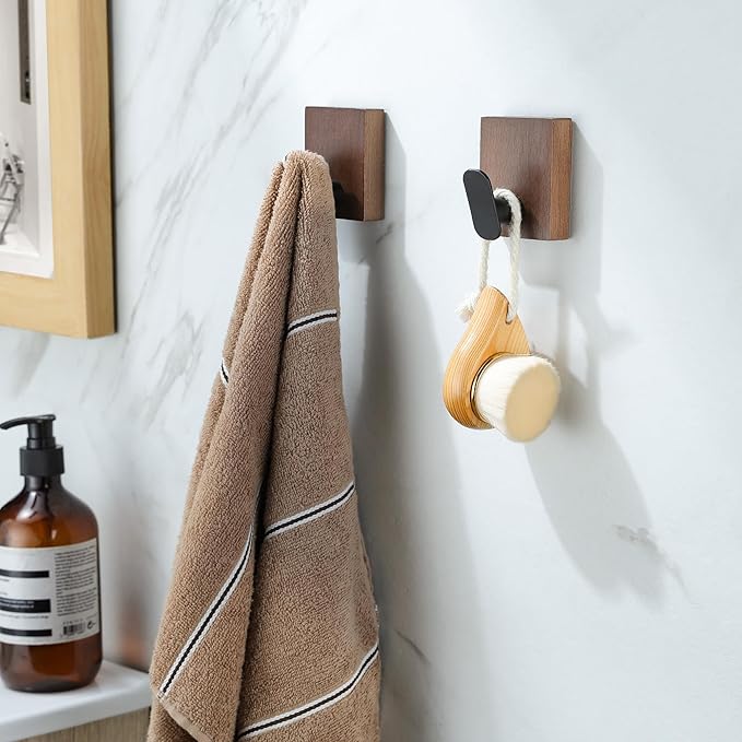 DELITON Adhesive Towel Hooks,Wall Hooks for bathrooms Without Drilling, Wood Wall Hooks for Hanging Robe, Towel, Bag Stick on Farmhouse Bathroom Bedroom Entryway 4 Packs Burned Brown-NeatNest