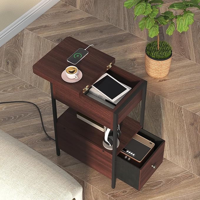 SOOWERY End Table with Charging Station, Narrow Side Table with Flip Top Cabinet and Fabric Drawer, Nightstand Bedside Tables for Small Spaces, Bedroom, Living Room, Dark Cherry