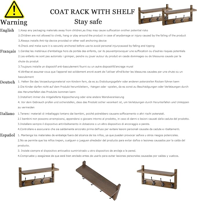 Coat Rack with Shelf, 2 Pack Bamboo Wall-Mounted Coat Hanger with 8 Hooks for Entryway, Hallway, Kitchen, Bathroom, Living Room, Utility Room (Black)-NeatNest