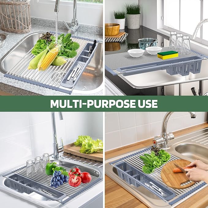 BBXTYLY Stainless Steel Extra Large Gray Drying Rack, Over The Sink, Expandable Roll Up Kitchen Drainer, Includes Removable Utensil Holder (13.6''-25.1'')