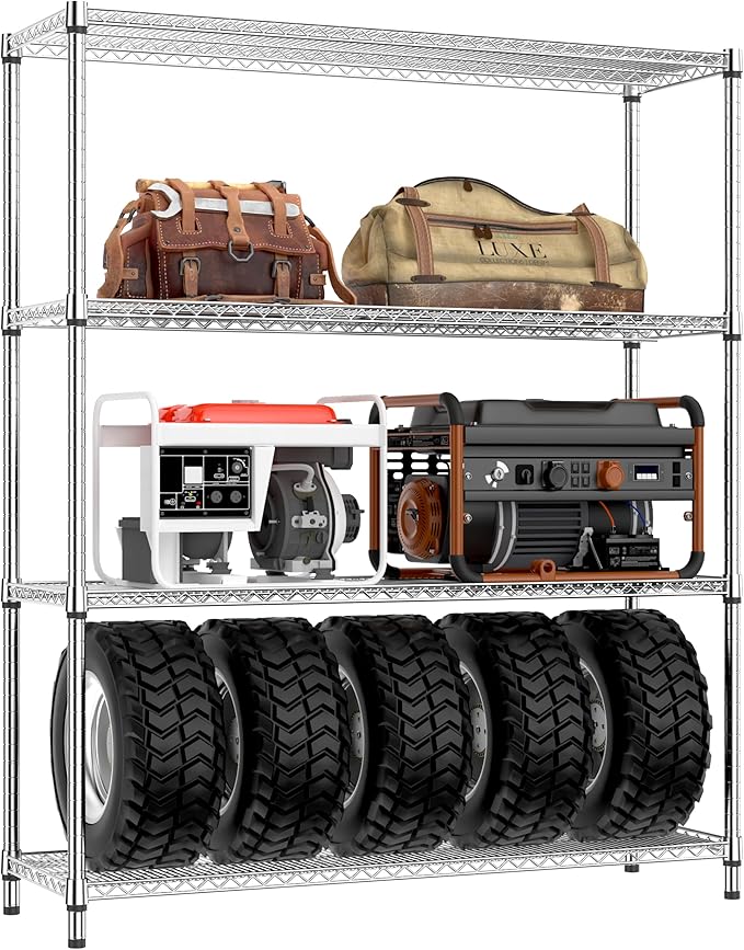 IZEUK 2640 LBS Garage Shelving Wide Storage Shelves 4 Tier Metal Shelves Heavy Duty Adjustable Utility Shelf Rack Chrome 17.7" D x 59.1" W x 70.4" H-NeatNest