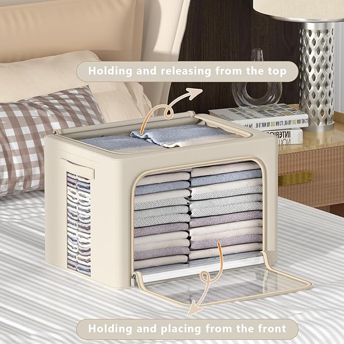 3Pack Frame Storage Box - Clothes Storage Bin Bags Oxford Fabric Foldable Stackable Container Organizer Set with Clear Window & Carry Handles Large Capacity (Beige, Small-22L)-NeatNest