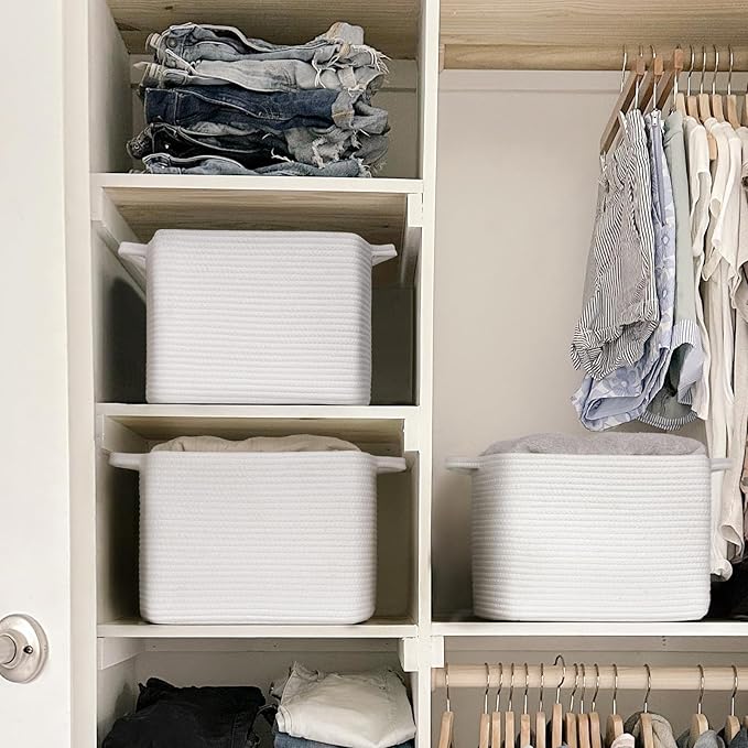 INDRESSME White Woven Storage Basket, Baby Gift Baskets for Nursery, Clothes Organizer for Shelves, Small Laundry Basket, Decorative Bin for Toys, Books, 13 x 10 x 9 inches